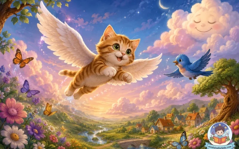 A cute flying kitten with white wings soars through a magical sky alongside a bluebird above a colorful village, flowers, butterflies, and sparkling clouds.
